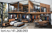 A bedroom with a lofted bed and a closet, AI. Стоковое AI-изображение, AI-художник Сергей Старуш / Фотобанк Лори