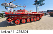 BMP-1 infantry fighting vehicle, painted in traditional Russian folk style, on the territory of the military-patriotic exhibition of military equipment Kamensk-Shakhstinsk, Patriot Park (2023) Редакционное фото, фотограф Анна Кривицкая / Фотобанк Лори