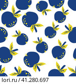 Yellow-blue apples on a white background. seamless pattern. Стоковая иллюстрация, иллюстратор Юлия Зебрева / Фотобанк Лори