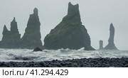 Sharp cliffs on black sand beach of Reynisfjara with waves hitting the shore on foggy rainy stormy d. Стоковое фото, фотограф Igor Tichonow / Фотобанк Лори