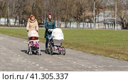 Vladimir Russia, November 10, 2021: mothers with strollers walking in nature. Редакционное фото, фотограф Igor Skripachev / Фотобанк Лори