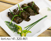 Tasty grape rolls made from grape leaves, dish of Bulgarian cuisine. Стоковое фото, фотограф Яков Филимонов / Фотобанк Лори