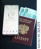 Экран смартфона с открытым разделом "Штрафы и задолженности" портала государственных услуг Российской федерации, паспорт и деньги (2023 год). Редакционное фото, фотограф Цибаев Алексей / Фотобанк Лори