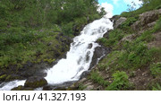 A mountain river cascades down the slope. The water foams and splashes on the rocks. On the banks of the green grass, wildflowers, trees. Blue sky. Kamchatka. Стоковое видео, видеограф Вера Ивановна Кубарева / Фотобанк Лори