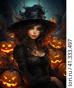 A young girl in a black witch dress surrounded by pumpkins and against the background of the night. Generated by AI. Стоковое AI-изображение, AI-художник Ярославский Максим / Фотобанк Лори