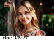 Симпатичная девушка в беседке в летнем саду. Стоковое AI-изображение, AI-художник Щеголева Ольга / Фотобанк Лори