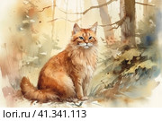Somali Cat in the forest  watercolor style, Generative AI. Стоковое AI-изображение, AI-художник Анна Кривицкая / Фотобанк Лори
