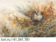 Bird in a field among autumn grass, watercolor style, Generative AI. Стоковое AI-изображение, AI-художник Анна Кривицкая / Фотобанк Лори