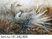 Bird in a field among autumn grass, watercolor style, Generative AI. Стоковое AI-изображение, AI-художник Анна Кривицкая / Фотобанк Лори