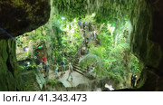 Primorsky Aquarium on Russian Island. People walk between living plants. The exposition is a tropical rain forest. Streams of water flow from a great height. Vladivostok, Russia, August 16, 2023. Приморский океанариум на острове Русский. Люди ходят между живыми растениями. Экспозиция Тропический дождевой лес. Потоки воды льются с большой высоты. Владивосток, Россия, 16 августа 2023. Редакционное видео, видеограф Ирина / Фотобанк Лори