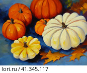 Decorative ornamental orange pumpkins. A jack-o'-lantern or jack o'lantern. Halloween or Hallowe'en, Allhalloween, All Hallows' Eve, or All Saints' Eve. Bright vegetable background - still life. Стоковое AI-изображение, AI-художник Юлия Петровская / Фотобанк Лори