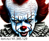 It is a shape-shifting monster, Pennywise the Clown. Appeared in the Universe. Terrible laughing grimace and evil eyes. Pennywise the Dancing Clown. Eats children and their fears. Sociopathy disease. Стоковое AI-изображение, AI-художник Юлия Петровская / Фотобанк Лори