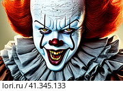 It is a shape-shifting monster, Pennywise the Clown. Appeared in the Universe. Terrible laughing grimace and evil eyes. Pennywise the Dancing Clown. Eats children and their fears. Sociopathy disease. Стоковое AI-изображение, AI-художник Юлия Петровская / Фотобанк Лори