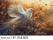 Bird in a field among autumn grass, watercolor style, Generative AI. Стоковое AI-изображение, AI-художник Анна Кривицкая / Фотобанк Лори