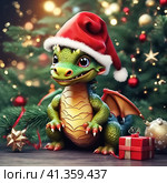 Cute funny green dragon, symbol of 2024 according to the eastern calendar. New Year card. Стоковое AI-изображение, AI-художник Сергей Елизарьев / Фотобанк Лори