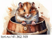 Hamster in a wooden barrel watercolor, illustration, watercolor style, Generative AI. Стоковое AI-изображение, AI-художник Анна Кривицкая / Фотобанк Лори