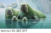 A painting of three walruses in the water, AI. Стоковое AI-изображение, AI-художник Сергей Старуш / Фотобанк Лори
