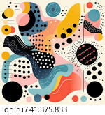 Abstract background of figures in the form of flowers, bubbles, stars and waves in a fashionable retro cartoon style of the 90s. Generated by AI. Стоковое AI-изображение, AI-художник Ярославский Максим / Фотобанк Лори