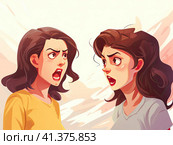 Two young women are arguing furiously. A woman's quarrel. Generated by AI. Стоковое AI-изображение, AI-художник Ярославский Максим / Фотобанк Лори