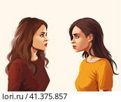 Two young women are arguing furiously. A woman's quarrel. Generated by AI. Стоковое AI-изображение, AI-художник Ярославский Максим / Фотобанк Лори