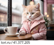 Кот в розовой куртке сидит в кафе. Adorable Cat in a Pink Jacket at a Café AI generated. Стоковое AI-изображение, AI-художник Алексей Траст / Фотобанк Лори