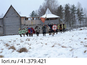The festival is a historical reconstruction of the Viking Age in winter. Vikings attack with shields and helmets (2014 год). Редакционное фото, фотограф Анна Кривицкая / Фотобанк Лори