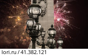 Celebratory colorful fireworks over the Lamp posts on Alexander III Bridge ( 4K, time lapse, with zoom). Paris, France. This arch bridge is one of the most beautiful river crossings in the world (2023 год). Стоковое видео, видеограф Владимир Журавлев / Фотобанк Лори
