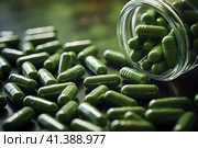 Bottle and scattered moringa capsules close up. Superfood, dietary supplement. AI generated. Стоковое AI-изображение, AI-художник Александра Селина / Фотобанк Лори