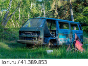 Abandoned car in the woods. Old, damaged car. Defective car. A car unfit for the roads. Стоковое фото, фотограф Zima Nadezhda / Фотобанк Лори