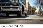 Muscle car rides around the city. Стоковое AI-изображение, AI-художник Кирилл Черезов / Фотобанк Лори