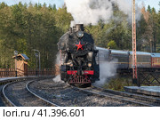 Паровоз Л-5164 с ретропоездом "Рускеальский экспресс" прибывает на станцию "Горный парк Рускеала" солнечным октябрьским днем. Карелия (2023 год). Редакционное фото, фотограф Виктор Карасев / Фотобанк Лори