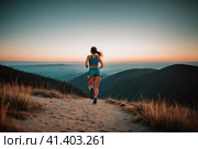 Athletic woman running in the mountains at sunset against the backdrop of a beautiful landscape. Sport tight clothes. Intentional motion blur.. AI. Стоковое AI-изображение, AI-художник Sergey Grishin / Фотобанк Лори