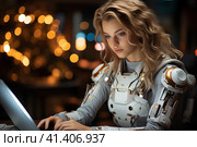 Красивая девушка в экзоскелете работает на компьютере. Generative AI. Стоковое AI-изображение, AI-художник Щеголева Ольга / Фотобанк Лори