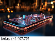 Futuristic smartphone of the future with augmented reality, microchips, microprocessors, integrated circuits, technology science background, AI Generated. Стоковое AI-изображение, AI-художник Станислав Тарко / Фотобанк Лори