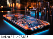 Futuristic smartphone of the future with augmented reality, microchips, microprocessors, integrated circuits, technology science background, AI Generated. Стоковое AI-изображение, AI-художник Станислав Тарко / Фотобанк Лори