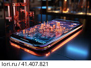 Futuristic smartphone of the future with augmented reality, microchips, microprocessors, integrated circuits, technology science background, AI Generated. Стоковое AI-изображение, AI-художник Станислав Тарко / Фотобанк Лори