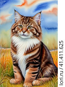 Maine Coon. The oldest American cat breed. Watercolor. Стоковое AI-изображение, AI-художник Сергей Елизарьев / Фотобанк Лори