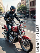 Motorcyclist on the city streets. Стоковое AI-изображение, AI-художник Сергей Елизарьев / Фотобанк Лори
