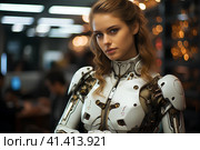 Красивая девушка в белом роботизированном доспехе. Generative AI. Стоковое AI-изображение, AI-художник Щеголева Ольга / Фотобанк Лори