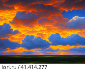 Beautiful sunset sky above clouds with dramatic light. Yellow, orange, red clouds above the horizon. Beautiful evening sky landscape. Sunset over the sea. Generated by artificial intelligence. Стоковое AI-изображение, AI-художник Юлия Петровская / Фотобанк Лори
