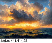 Beautiful sunset sky above clouds with dramatic light. Yellow, orange, red clouds above the horizon. Beautiful evening sky landscape. Sunset over the sea. Generated by artificial intelligence. Стоковое AI-изображение, AI-художник Юлия Петровская / Фотобанк Лори