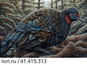 Black grouse in the forest, sequins, illustration, watercolor style, Generative AI. Стоковое AI-изображение, AI-художник Анна Кривицкая / Фотобанк Лори