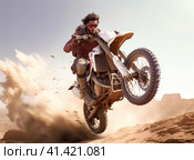 Motorcyclist jumping with a motorcycle in the mud. Стоковое AI-изображение, AI-художник Кирилл Черезов / Фотобанк Лори