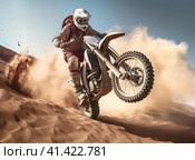 Motorcyclist jumping with a motorcycle in the mud. Стоковое AI-изображение, AI-художник Кирилл Черезов / Фотобанк Лори