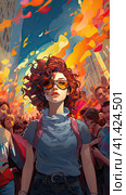 Portrait of a girl against a background of multicolored fog and a group of people. Generated by AI. Стоковое AI-изображение, AI-художник Ярославский Максим / Фотобанк Лори