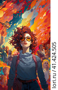 Portrait of a girl against a background of multicolored fog and a group of people. Generated by AI. Стоковое AI-изображение, AI-художник Ярославский Максим / Фотобанк Лори