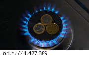 Euro Coins with a Blue Gas Blaze on a Kitchen Stove. Gas Crisis. Increasing Consumption. Cost of Electricity and Expensive Energy Concept. Price Hike of Utility Bill. Annually Inflation. Home Budget. Стоковое видео, видеограф Марина Демидюк / Фотобанк Лори