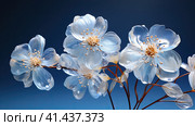 Blue glowing glass flowers intallation on blue background. Interior wallpaper. High quality photo. Стоковое AI-изображение, AI-художник Anastaiya Lavrik / Фотобанк Лори