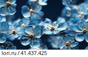 Seamless pattern with Blue glowing glass flowers intallation on blue background. Interior wallpaper. High quality photo. Стоковое AI-изображение, AI-художник Anastaiya Lavrik / Фотобанк Лори