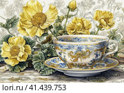 Yellow Trollius still life, illustration, watercolor style, Generative AI. Стоковое AI-изображение, AI-художник Анна Кривицкая / Фотобанк Лори